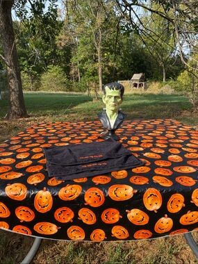 Moonlight Manor Frankenstein LED Bust, 2 Pumpkin Hand Towels, Round Tablecloth